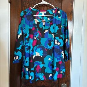 Dana Buchman Blue and Black Floral Blouse